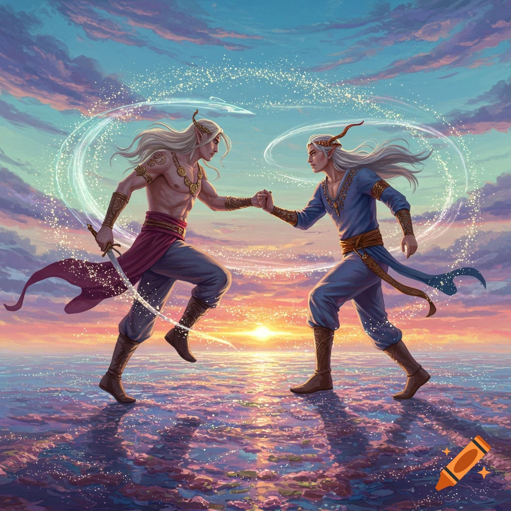 Two elf-like men with long white hair, one shirtless, hold hands on a magical sparkling sea under a vibrant sunset sky. Fantasy art.