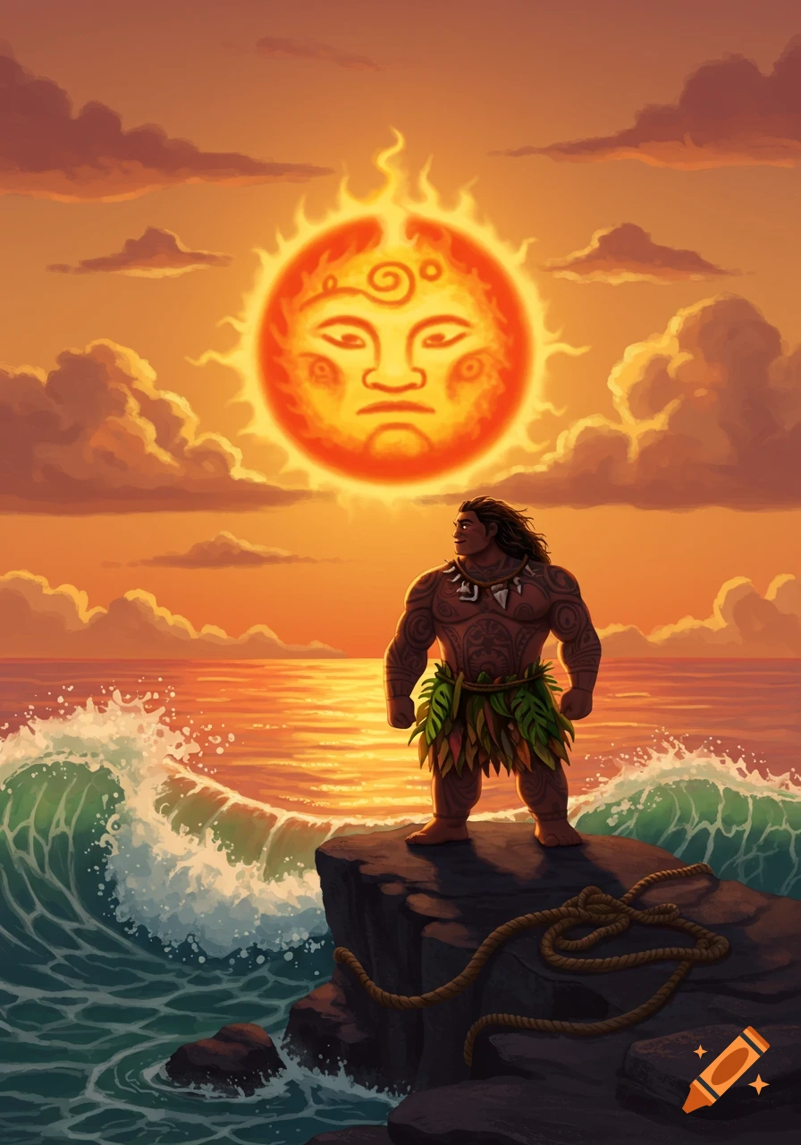 Maui stands on a cliff overlooking the ocean with a stylized sun with a face setting in the sky. Cartoon style.