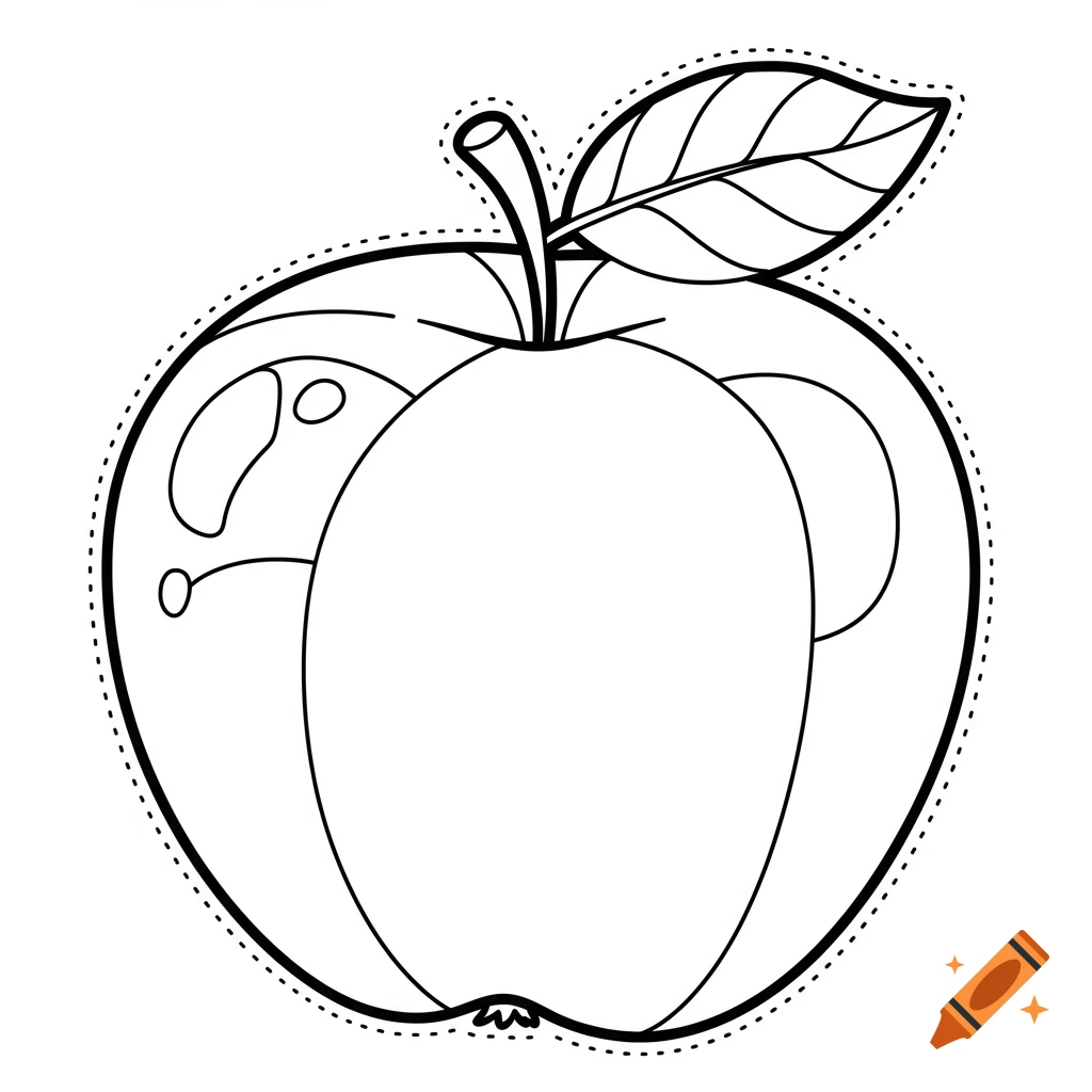 Black and white line drawing of an apple with a stem, a leaf, and a dotted cut-out outline.