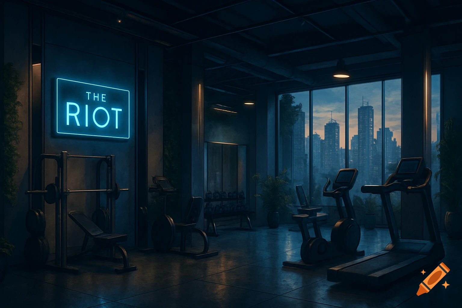 A dark, modern gym with a neon sign 'THE RIOT', fitness equipment, and a city skyline view at dusk, photorealistic.