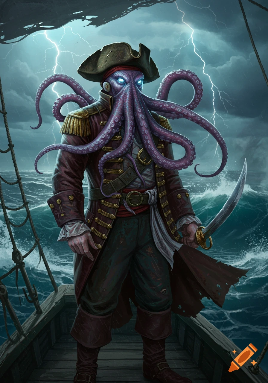 An octopus-headed pirate in a red coat stands on a wooden ship deck, holding a saber amidst a stormy sea with lightning. Detailed fantasy art.