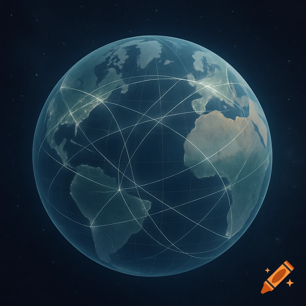 Digital illustration of Earth from space with a translucent overlay showing continents and a grid of interconnected lines.