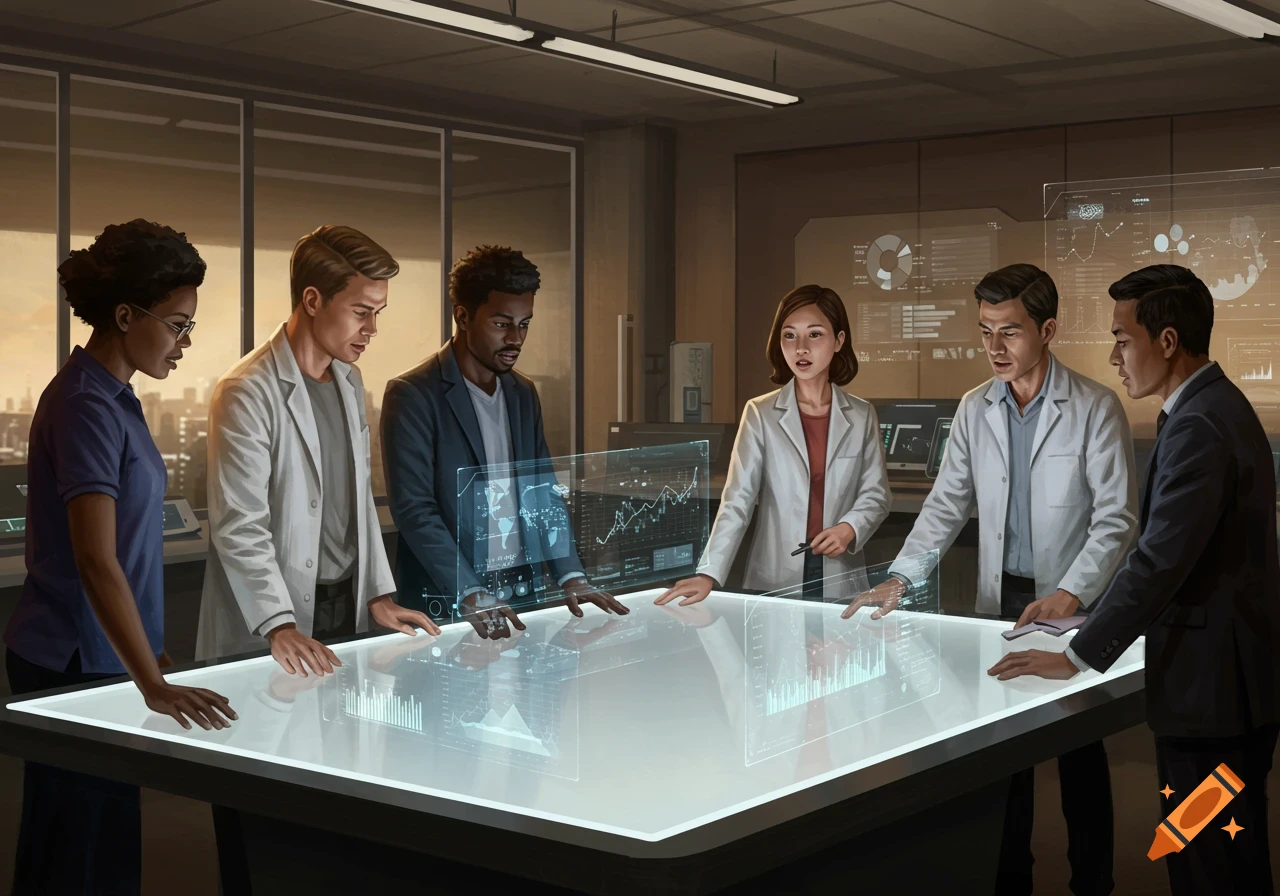 A diverse group of six scientists and researchers gather around a glowing interactive table displaying holographic data, charts, and graphs in a modern lab or office setting.