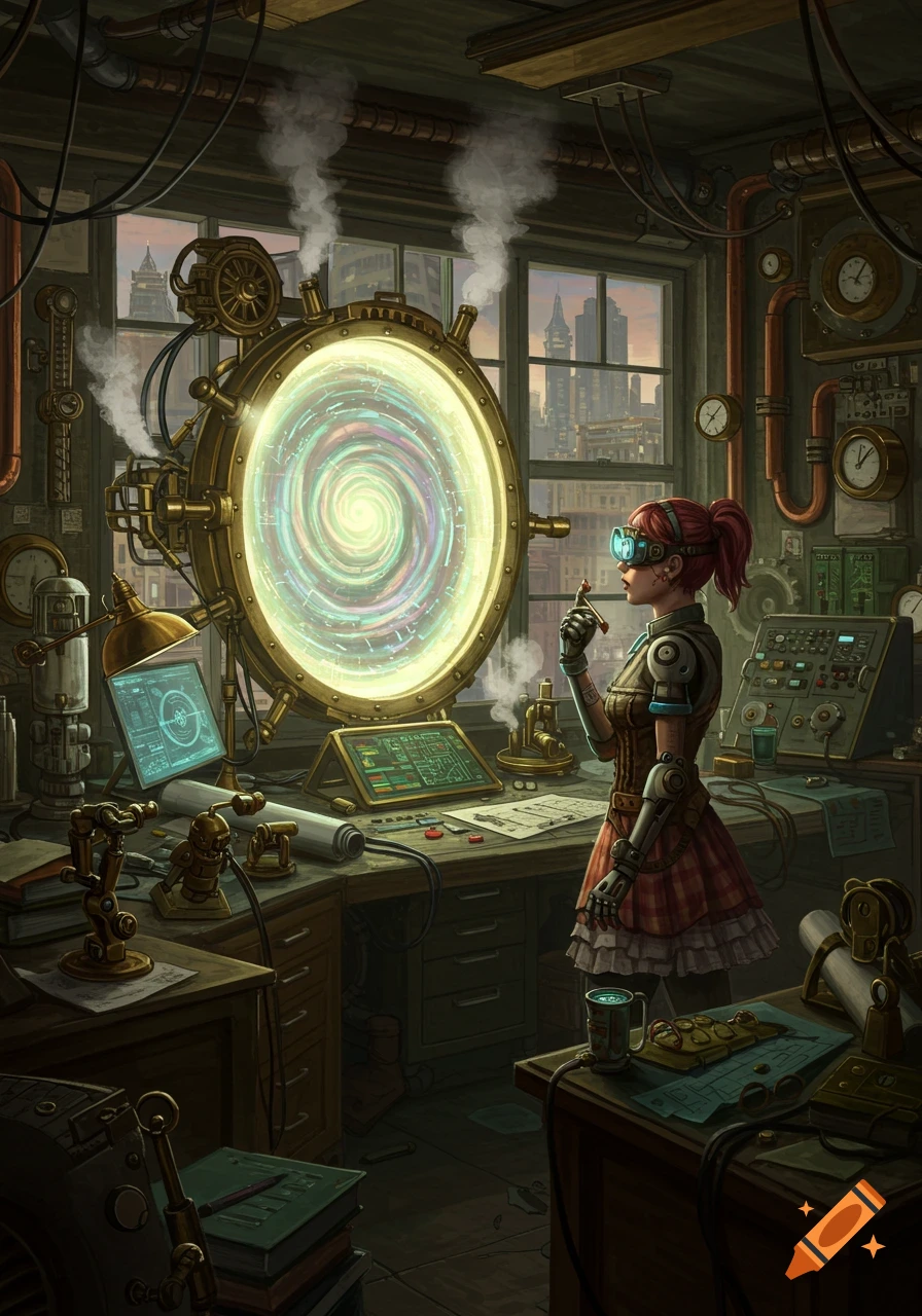A steampunk-cyberpunk robotics genius girl in a detailed workshop, observing a glowing time portal.