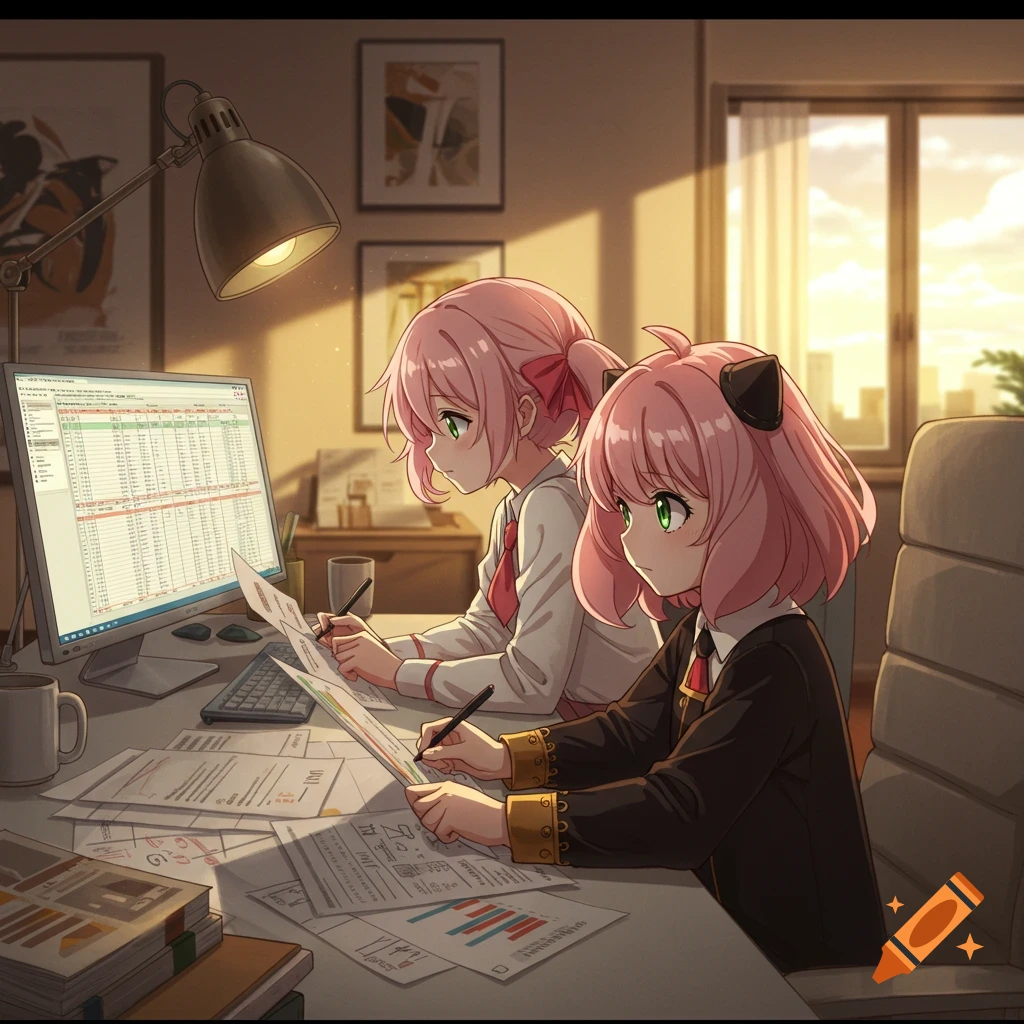 Anime girls Anya Forger and Madoka Kaname doing paperwork at a desk in an office, bathed in golden sunlight.