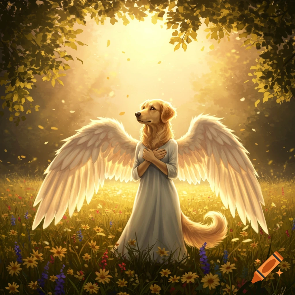 A golden retriever with large white angel wings and a white dress stands in a sunlit field of colorful flowers, looking up.