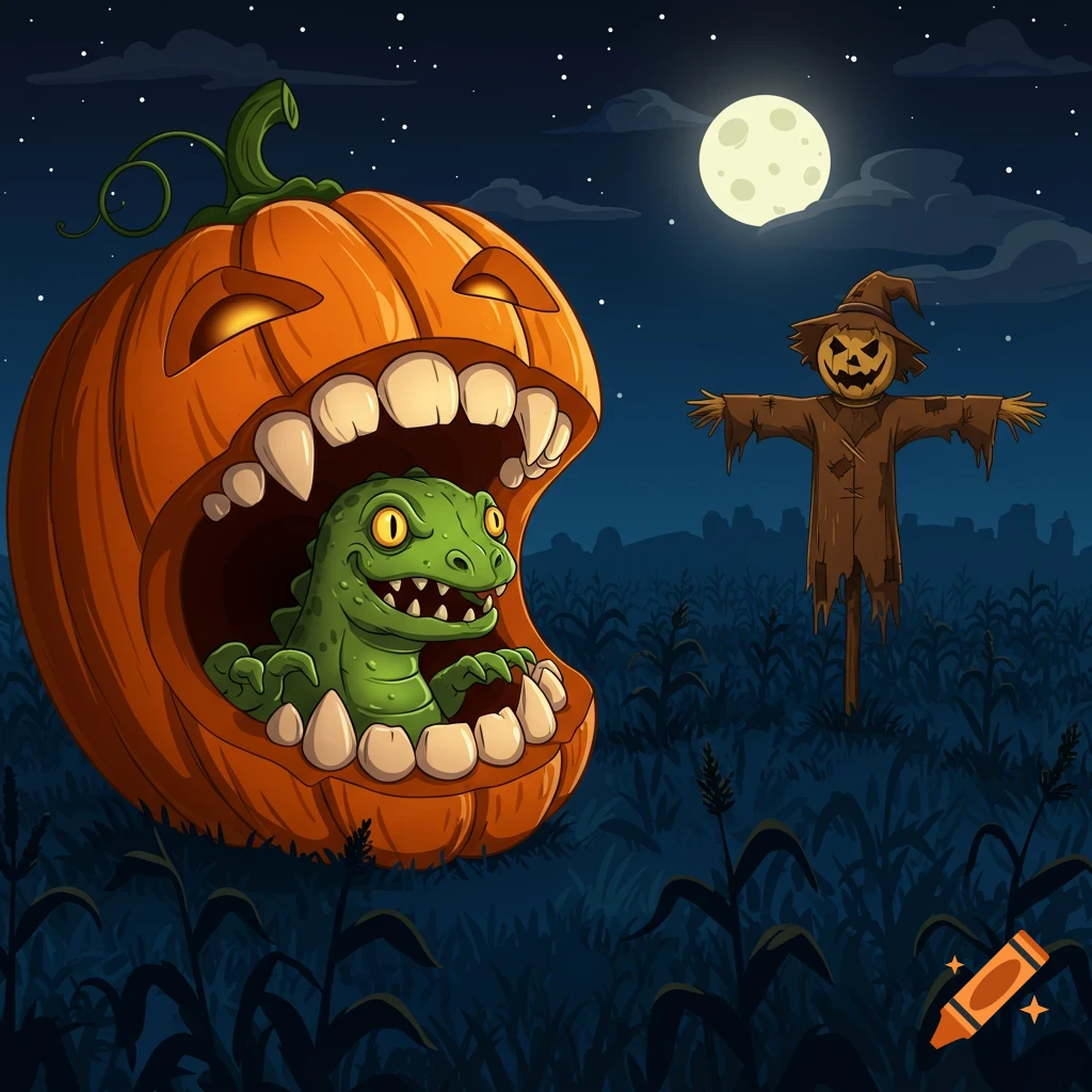 A cartoon Halloween scene with a green monster emerging from a giant pumpkin's mouth with sharp teeth, next to a scary scarecrow under a full moon.