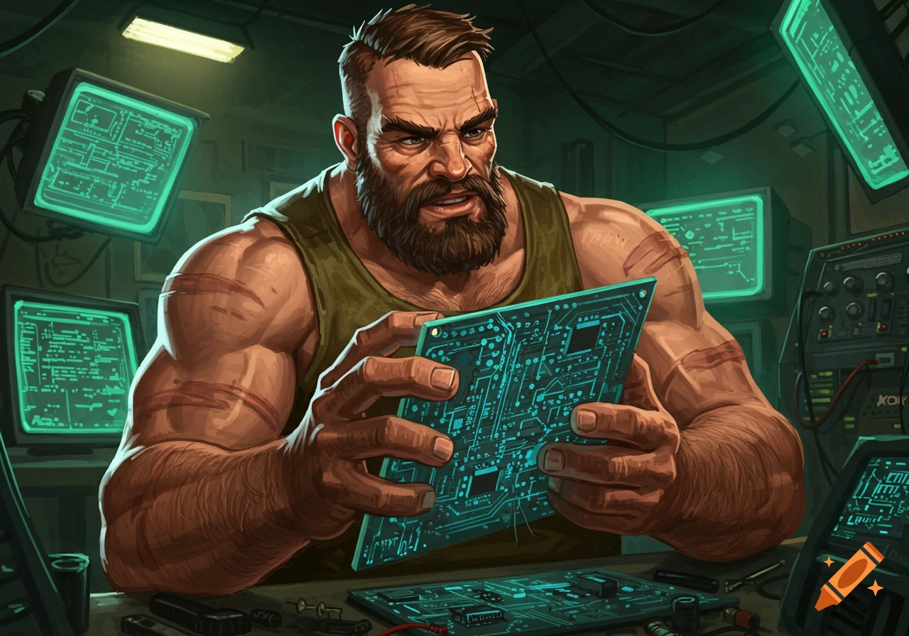 Muscular, bearded man examining a glowing circuit board in a tech room, in a bold, stylized art style.