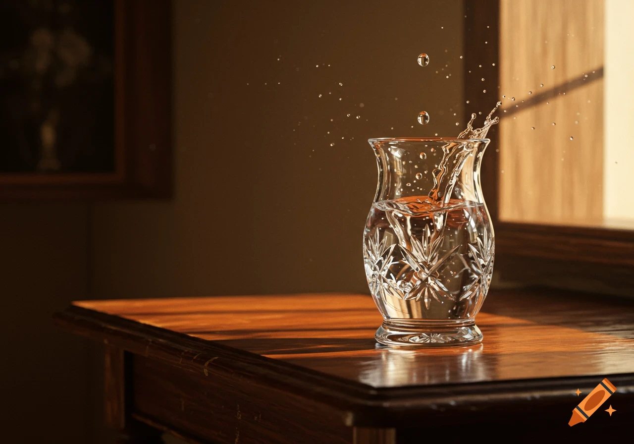 Photorealistic image of a clear crystal vase with water splashing out, sitting on a sunlit wooden table.