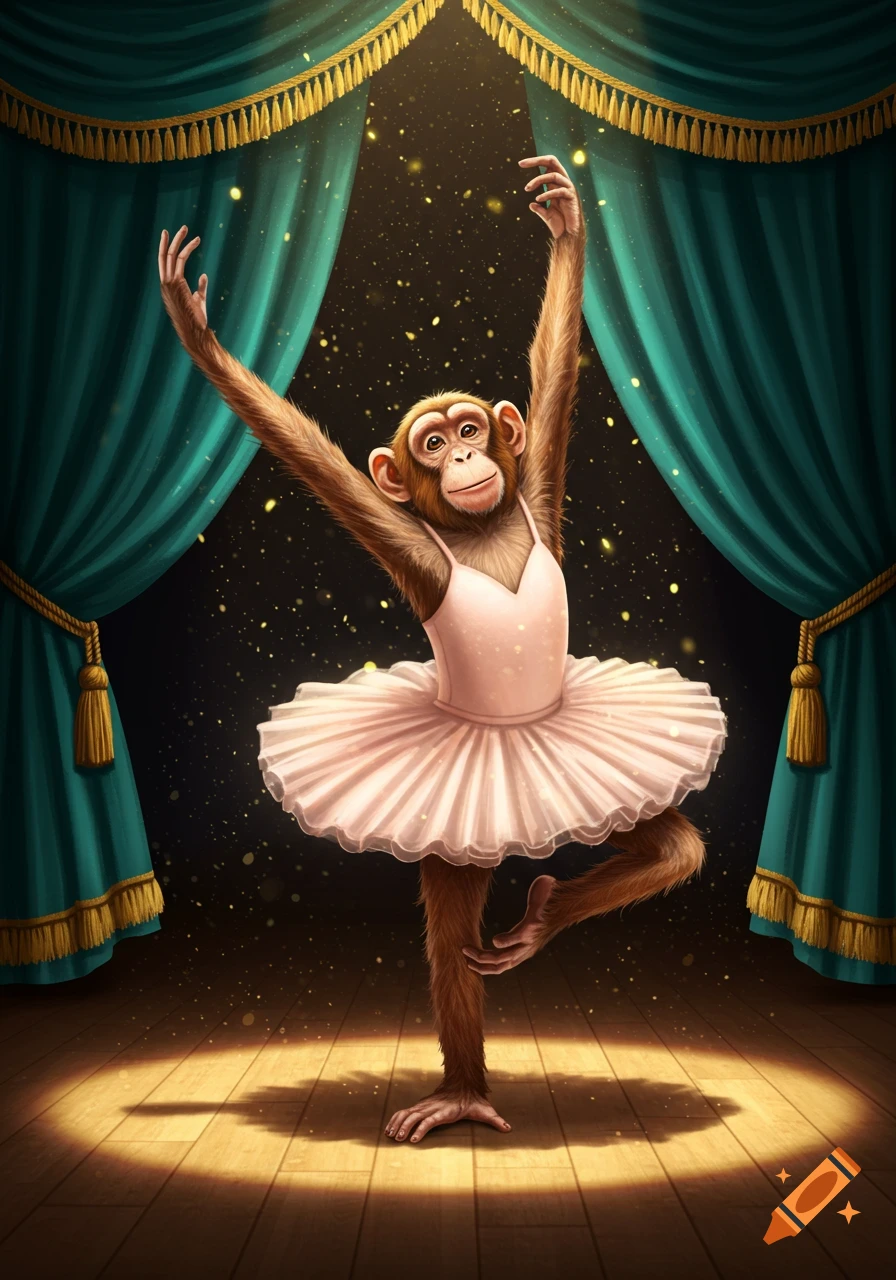 A cheerful monkey ballerina in a pink tutu poses under a spotlight on a wooden stage with teal curtains.
