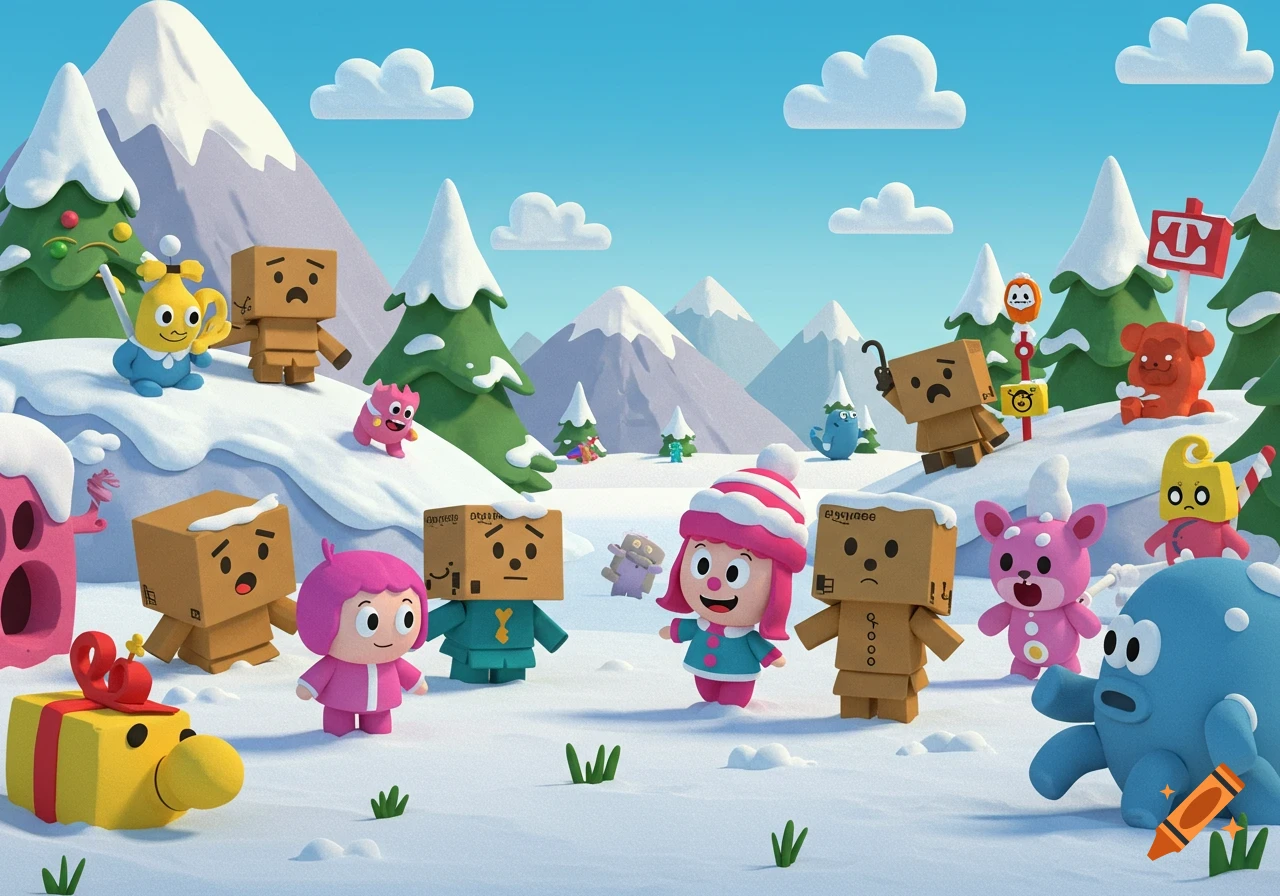 A group of diverse, colorful cartoon characters, some box-headed, in a bright, snowy winter mountain landscape.