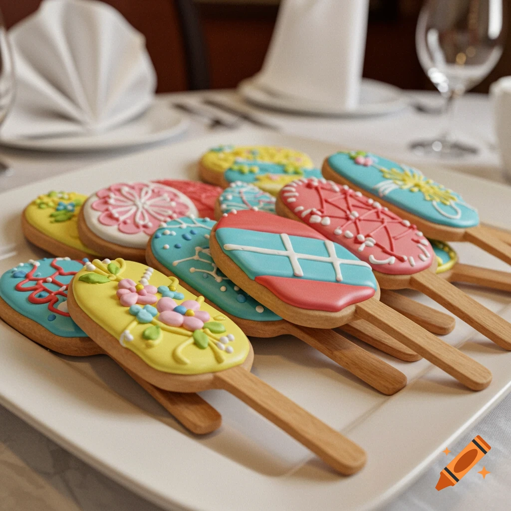 Close-up of colorful decorated cookie sticks with various patterns arranged artfully on a white platter.