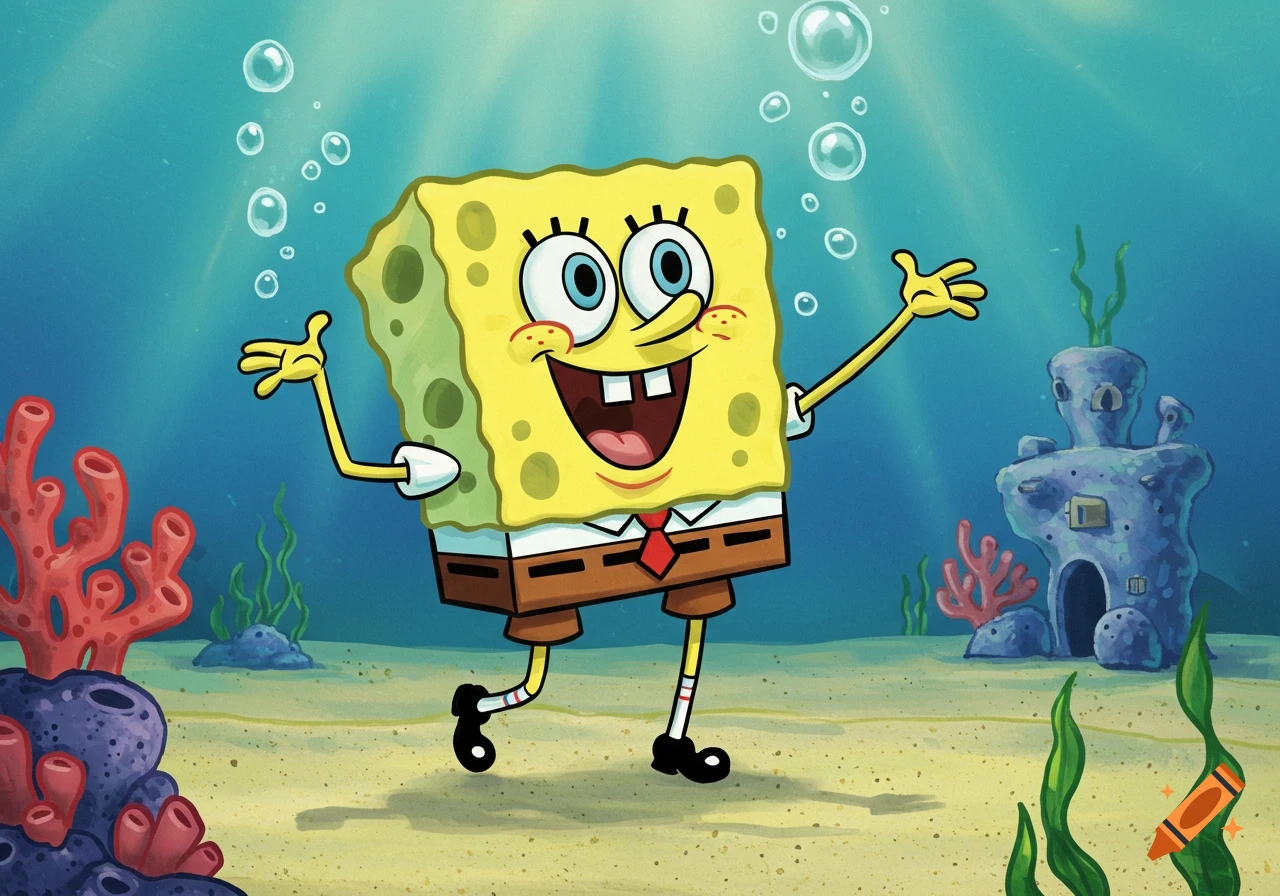 Spongebob Squarepants happily dances underwater with coral and a blue rock house.