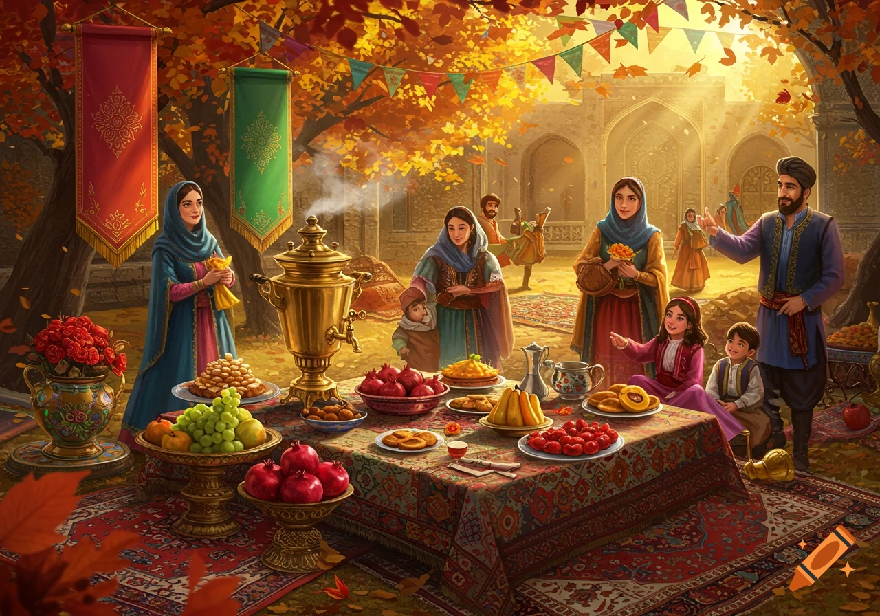 Vibrant illustration of a Persian family celebrating Mehregan festival in autumn, with a large food spread and traditional architecture.