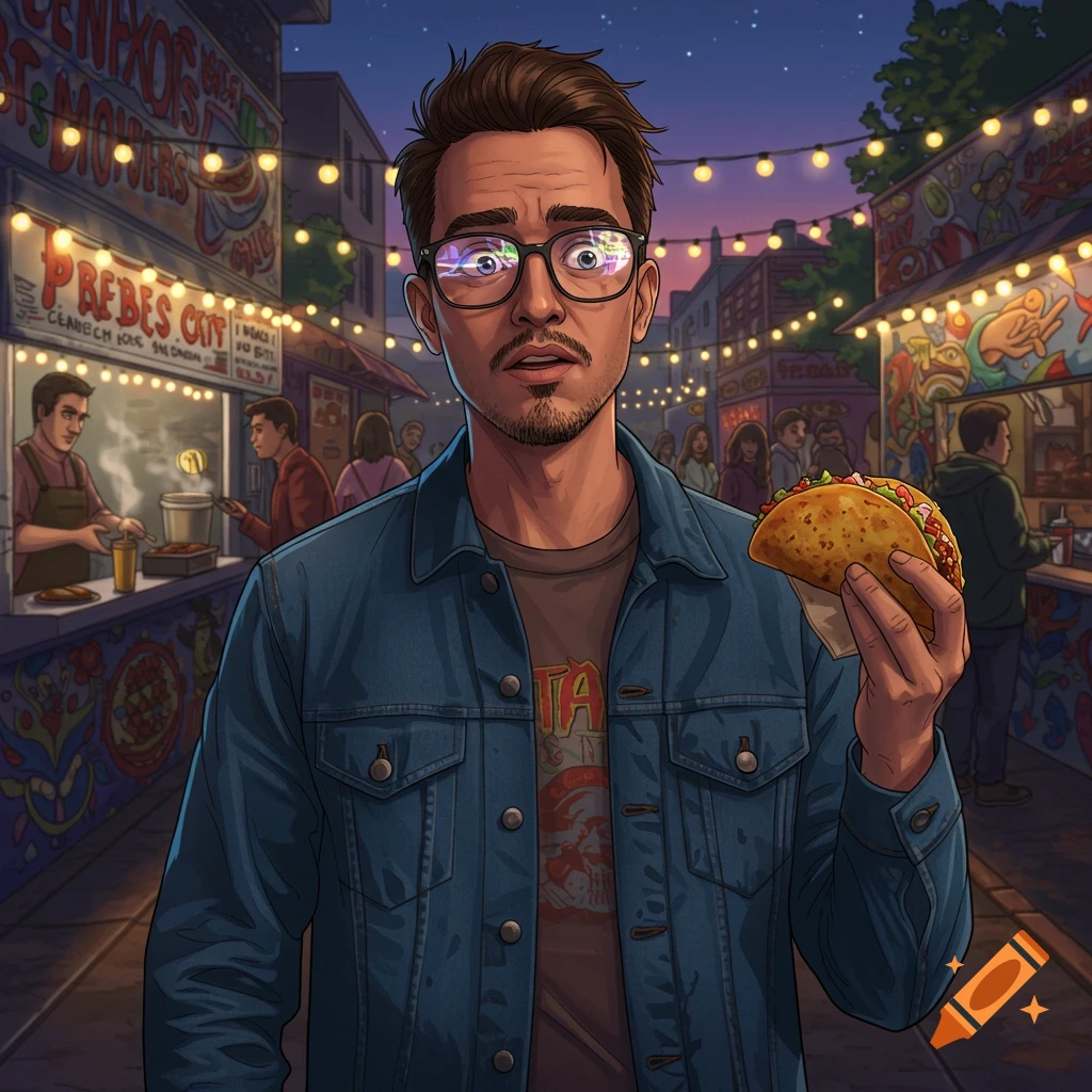 A confused man in a denim jacket holds a taco at a bustling night market under string lights, in a cartoon illustration.