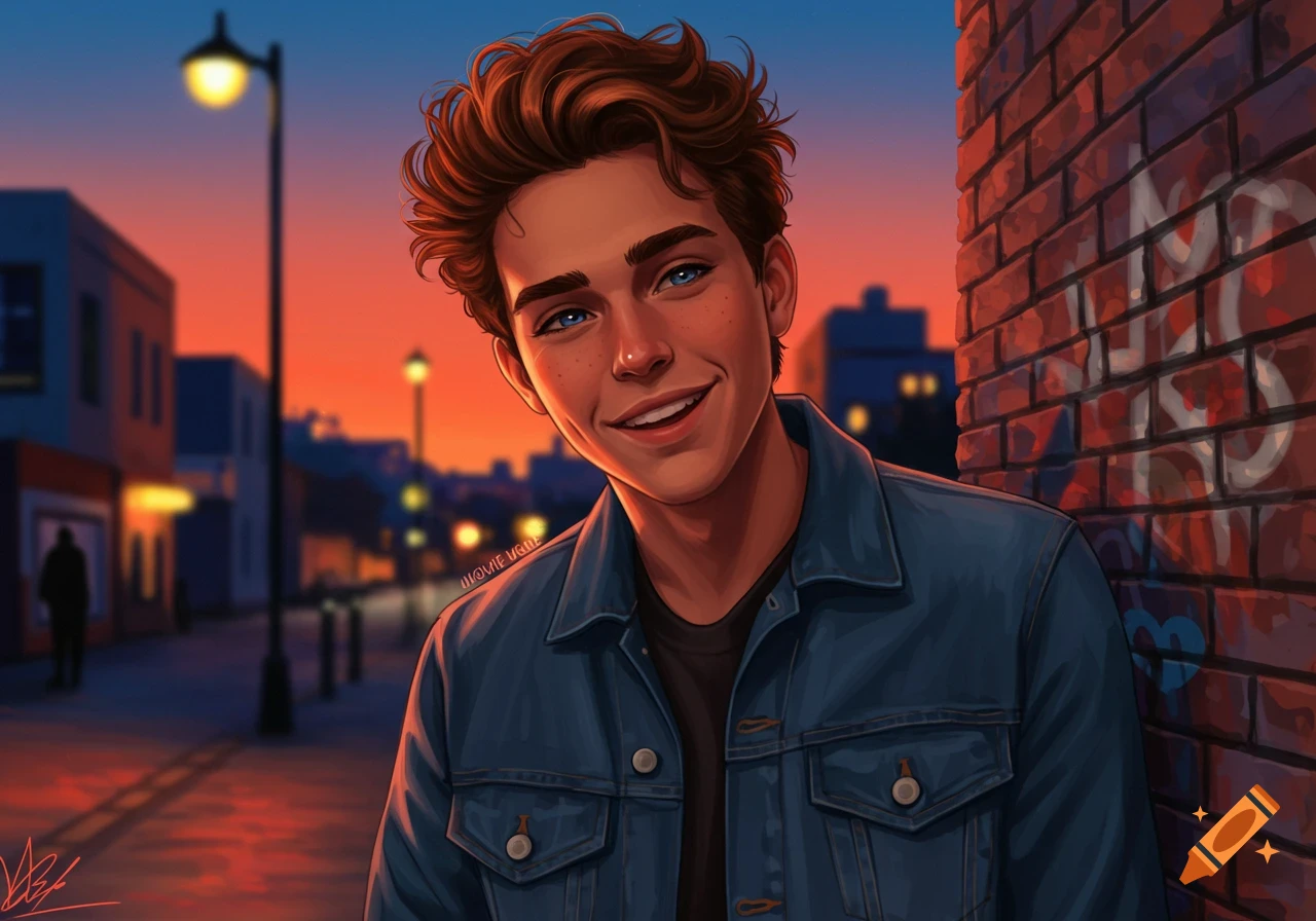 Smiling young man with blue eyes and brown curly hair in a denim jacket, leaning against a graffiti brick wall at sunset, animated style.