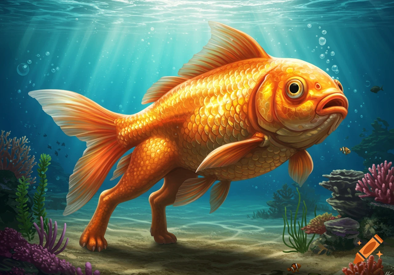 A large, orange goldfish with four dog-like legs walks on the sandy ocean floor amidst coral, with sunlight filtering from above.