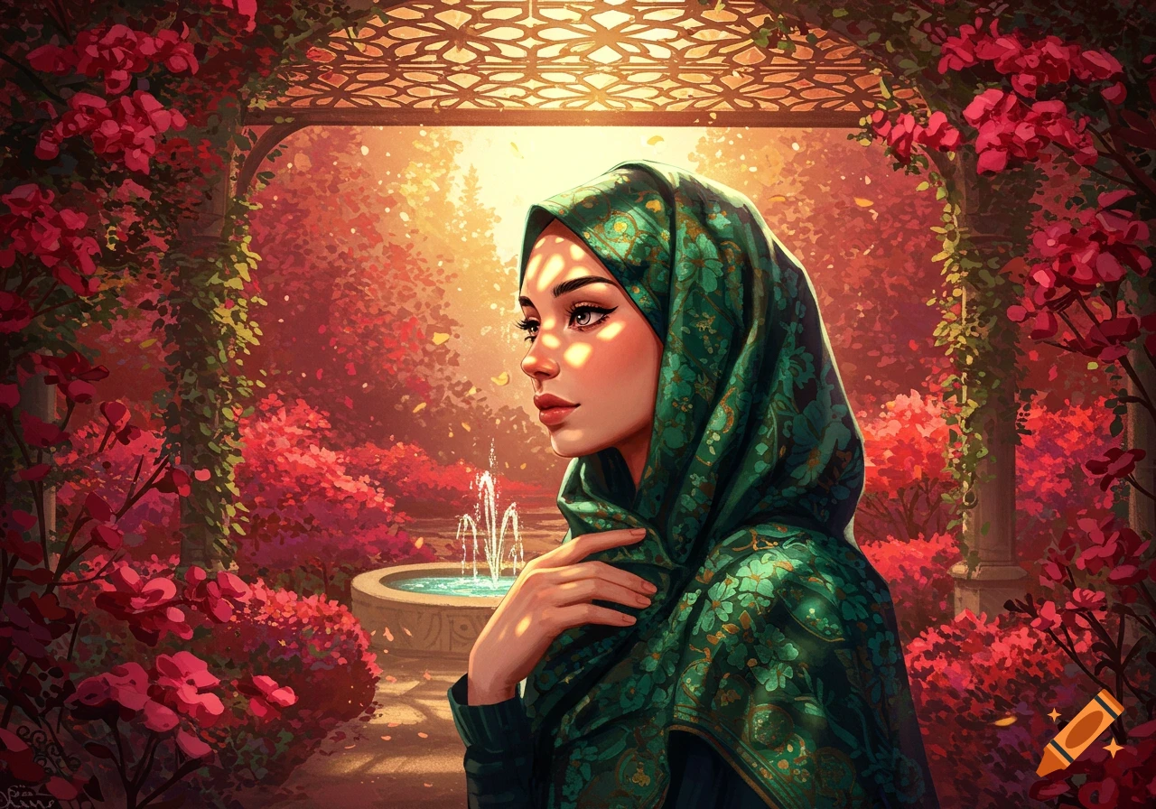 Digital art of a woman in a green hijab looking left in a vibrant, ornate garden with red flowers and a fountain.