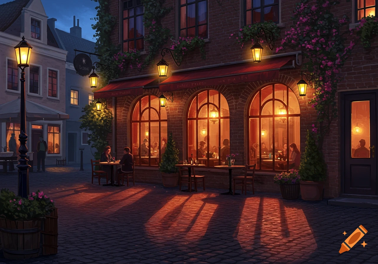 A warmly lit brick restaurant with large arched windows and outdoor seating at dusk, along a cobblestone street with glowing lanterns.