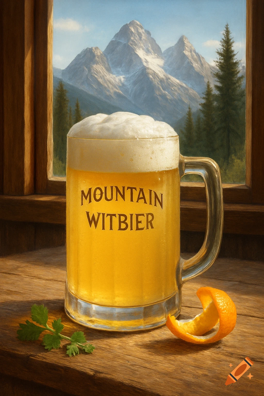 Frothy mug of 'Mountain Witbier' beer on a wooden table with an orange peel, set against a painted mountain vista.