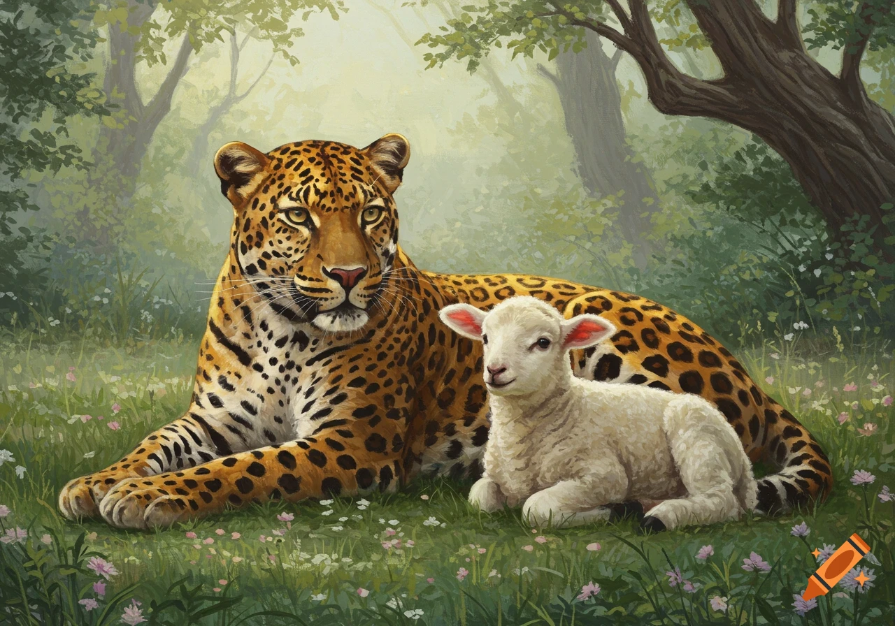 A leopard and a lamb lie peacefully in a grassy forest with wildflowers, painted in a lush, artistic style.