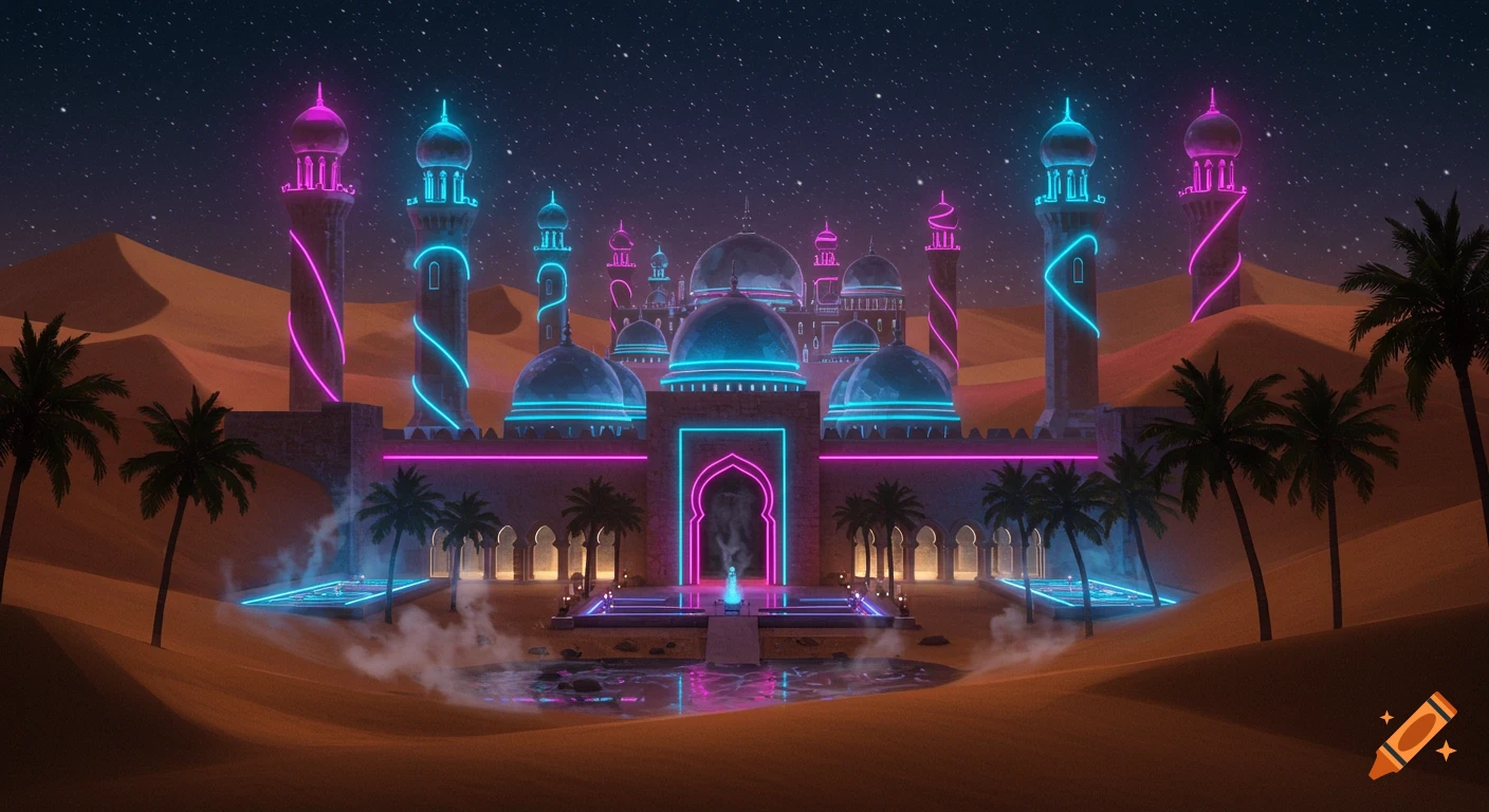 A futuristic desert oasis city with glowing neon pink and blue Arabian architecture, palm trees, and a reflective pool under a starry night sky.