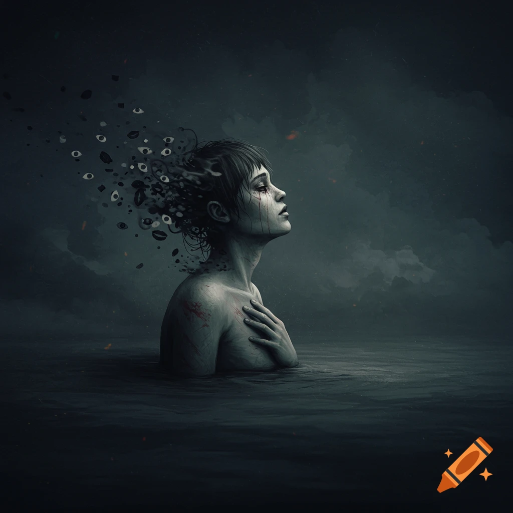 A dark, surreal image of a woman with her head tilted back, emerging from dark water. Her head appears to be dissolving into fragments of eyes and mouths, and red streaks run down her face and chest.