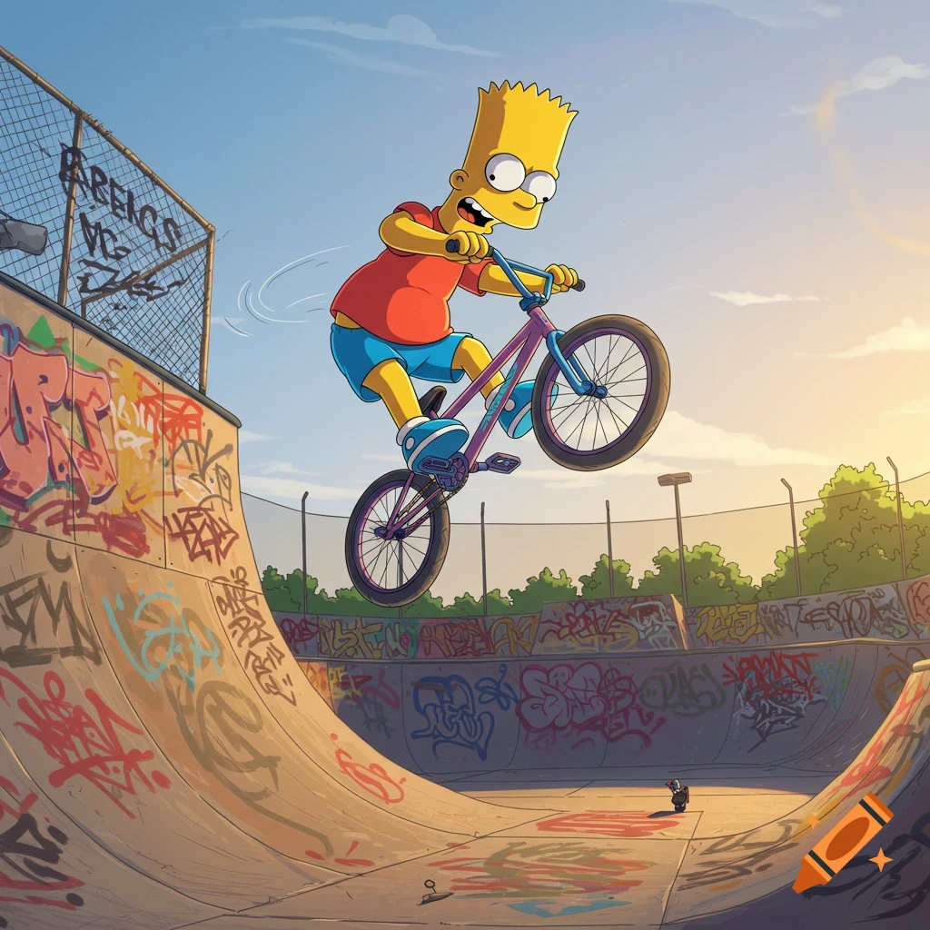 Bart Simpson performs a stunt on a BMX bike in a graffiti-covered skatepark at sunset, in a cartoon style.
