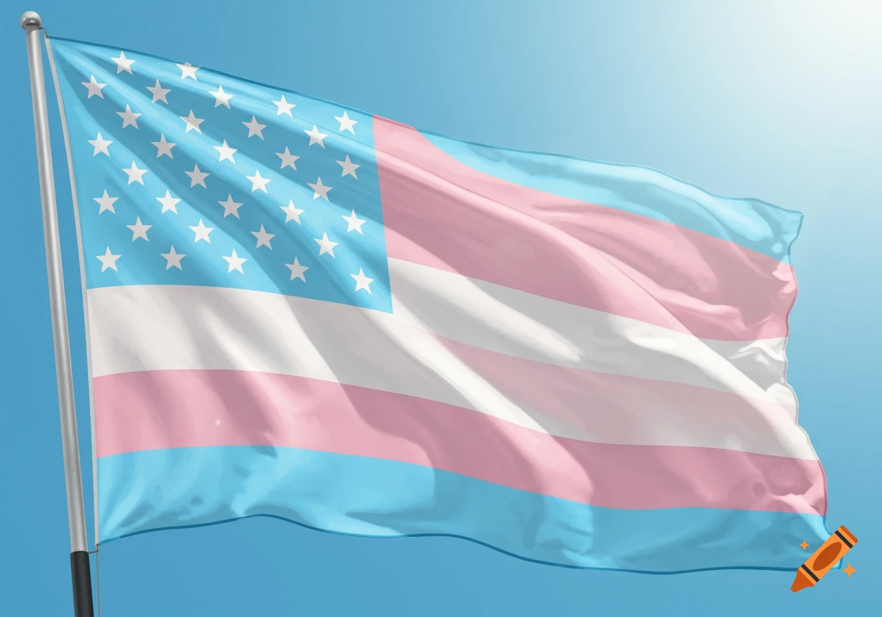 A hybrid American and Transgender Pride flag, featuring blue field with white stars and light blue, pink, and white stripes, waving against a blue sky.
