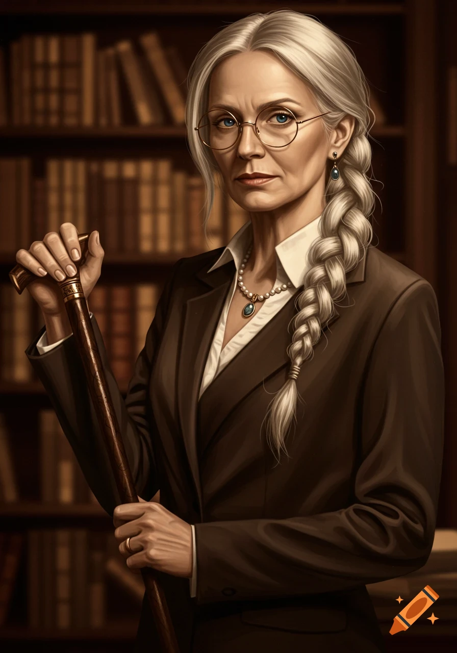 A photorealistic portrait of an older woman with white braided hair, round glasses, a suit, and a cane, standing in front of bookshelves.