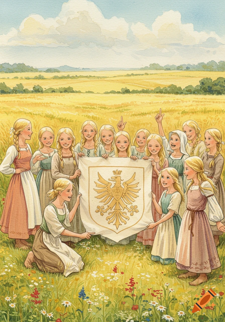 Watercolor illustration of a group of blonde girls in a golden field, holding a white banner with a golden eagle emblem.