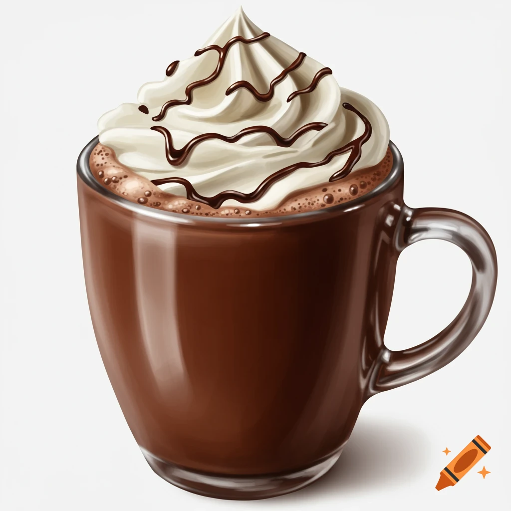 Digitally illustrated hot chocolate with whipped cream and chocolate drizzle in a brown mug.