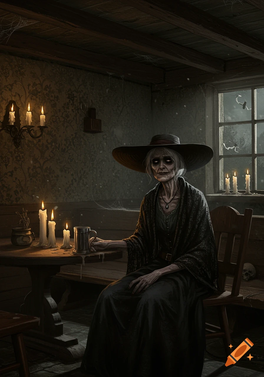 An old, gaunt woman with a wide-brimmed hat sits at a candlelit table in a dim, cobweb-filled room, holding a mug. Gothic fantasy style.