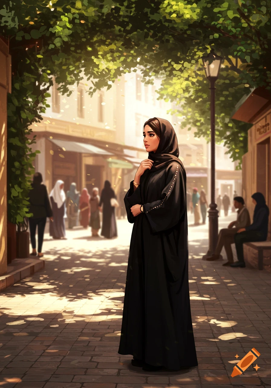 A stylized illustration of a woman in a black abaya and hijab standing on a sunlit street with blurred people and buildings.