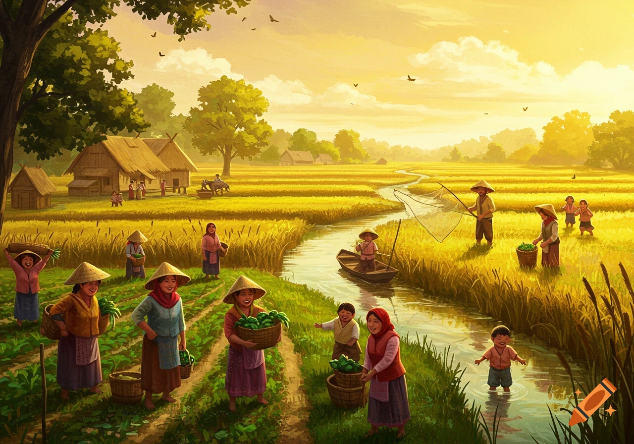 Vibrant illustration of happy villagers farming and fishing in golden rice fields under a sunny sky.