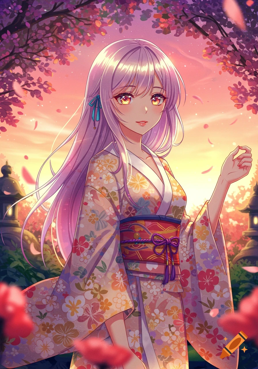 An anime girl in a floral kimono stands in a cherry blossom garden at sunset, petals falling around her.
