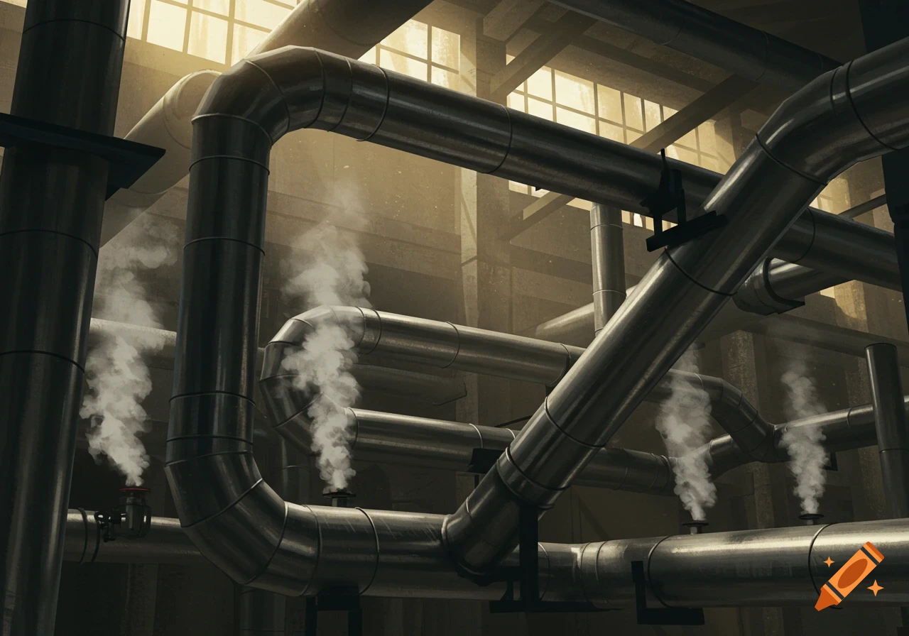 An intricate network of metal pipes and ventilation ducts with steam escaping, bathed in warm light from windows.