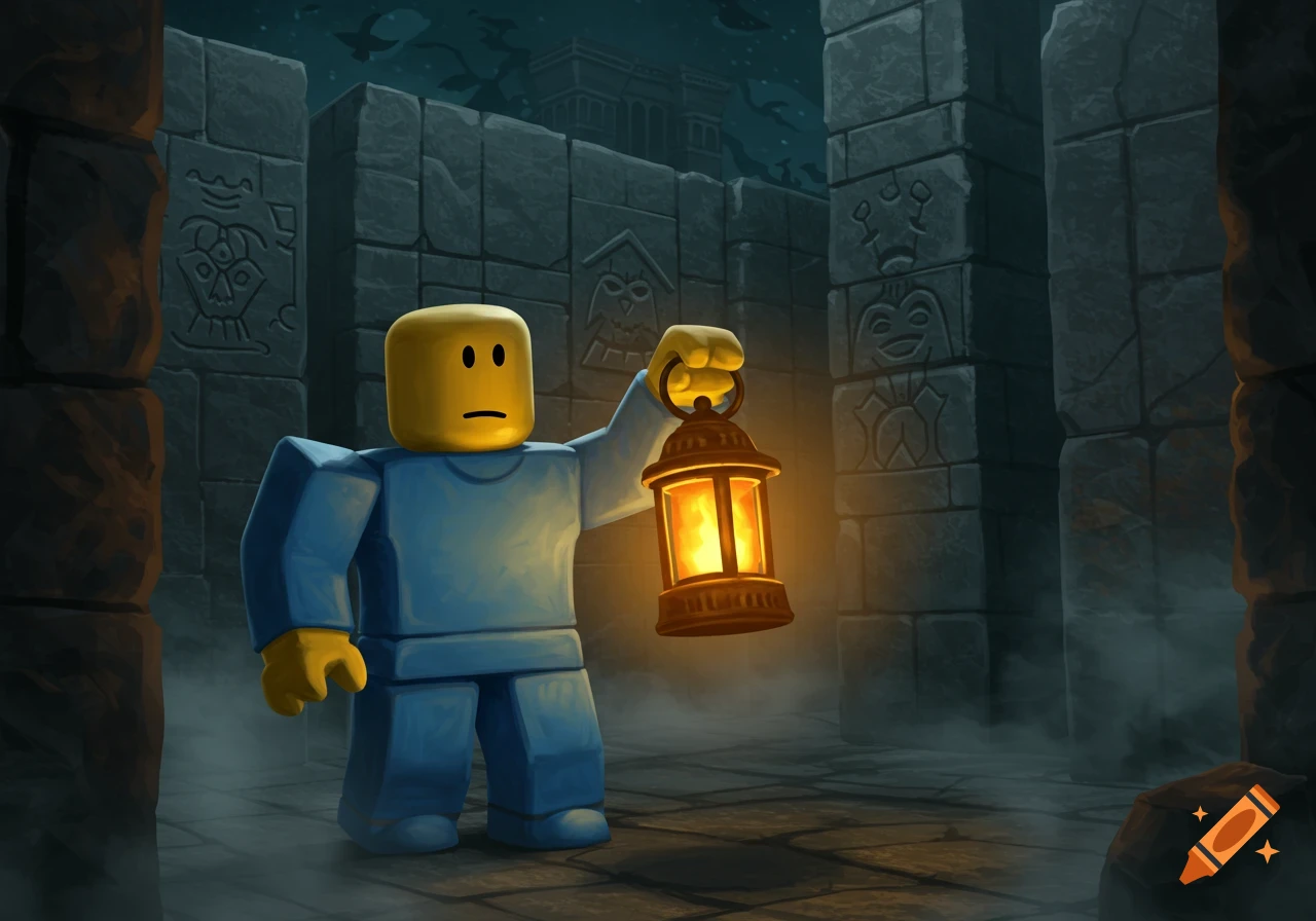 A Roblox noob character holding a glowing lantern, standing in a dark, mysterious stone maze with carved walls.