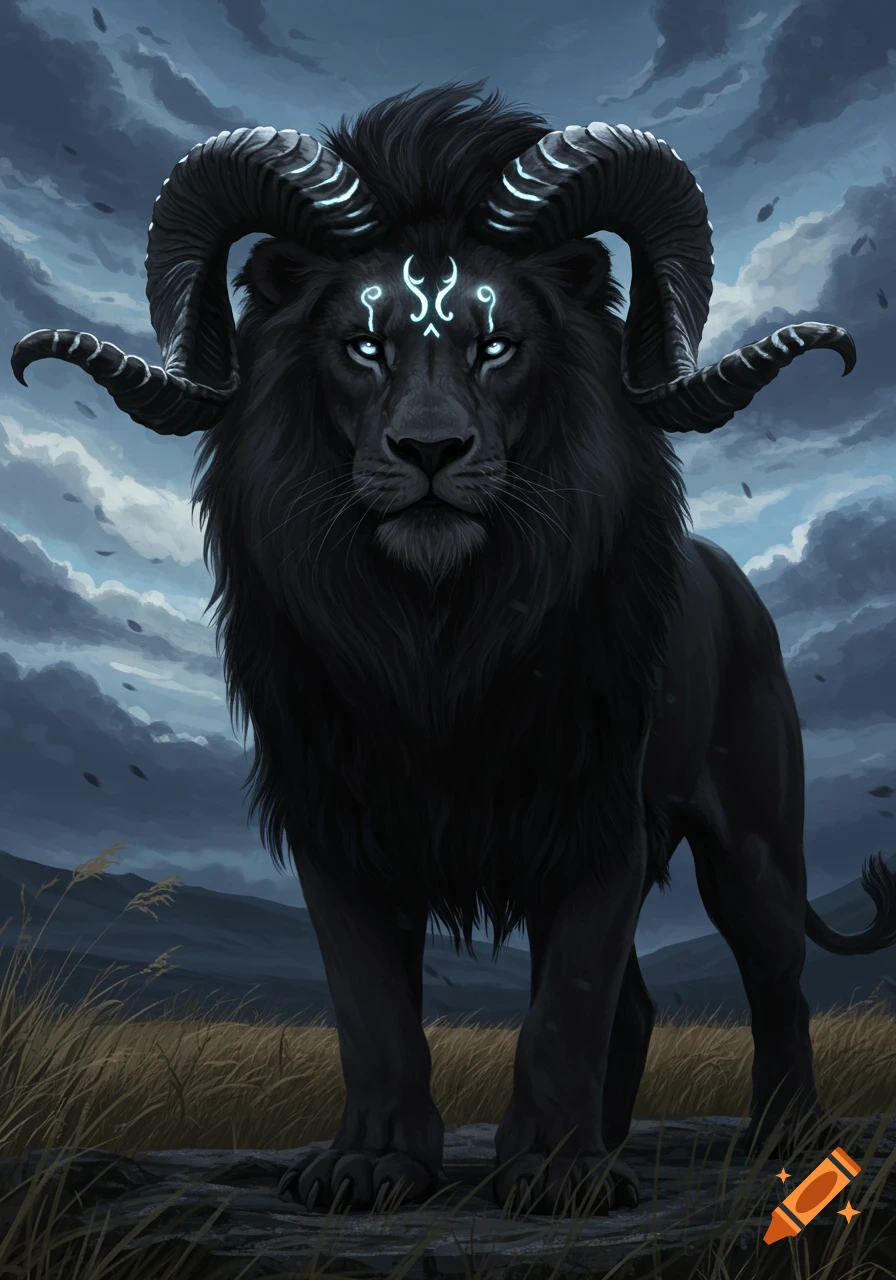 A dark, majestic lion with glowing eyes, ornate ram horns, and mystic symbols on its forehead stands in a field under a cloudy sky.