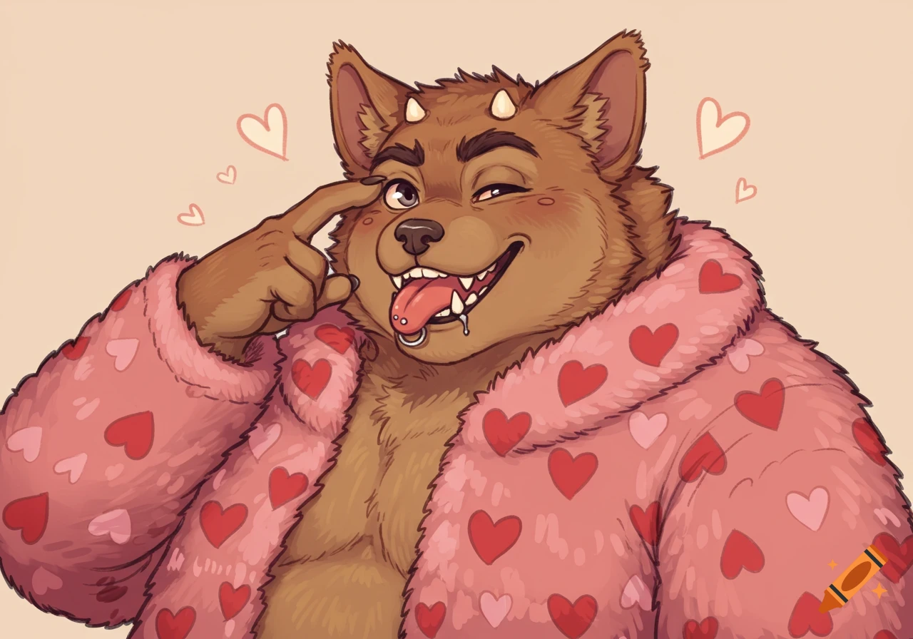 A playful furry character with horns, winking and sticking out a pierced tongue, wearing a pink heart-patterned robe.
