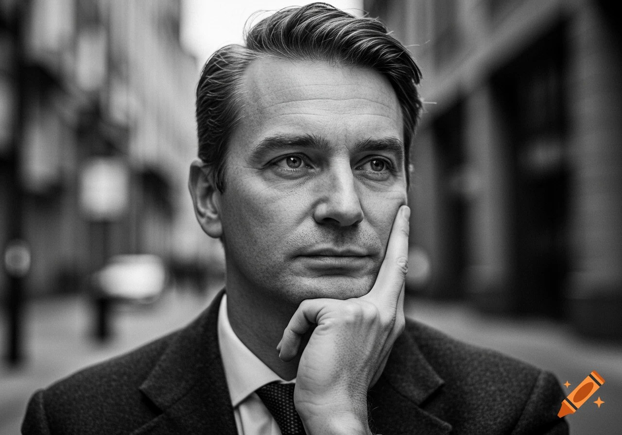 Black and white close-up portrait of a man in a suit with his hand on his chin, looking thoughtful.