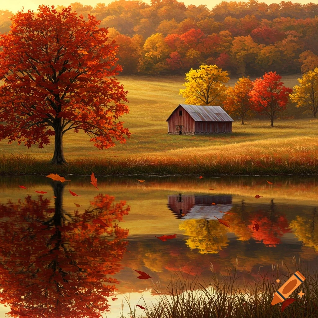 A vibrant autumn landscape featuring a red barn amidst colorful trees reflecting in a still pond, under a warm sky.