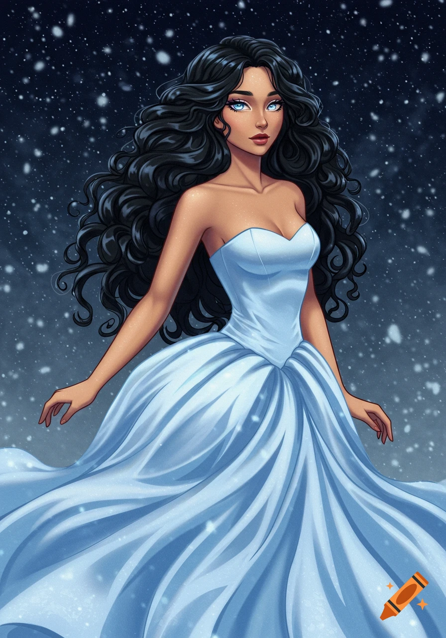 An anime woman with long black curly hair and blue eyes wears a strapless glacial blue ballgown against a snowy night sky.