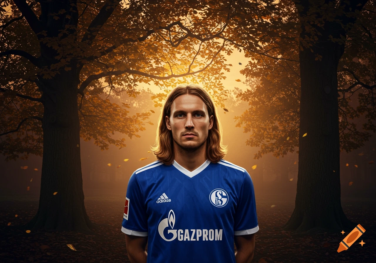 A man in a blue soccer jersey with sponsor logos stands in an autumn forest with golden leaves.