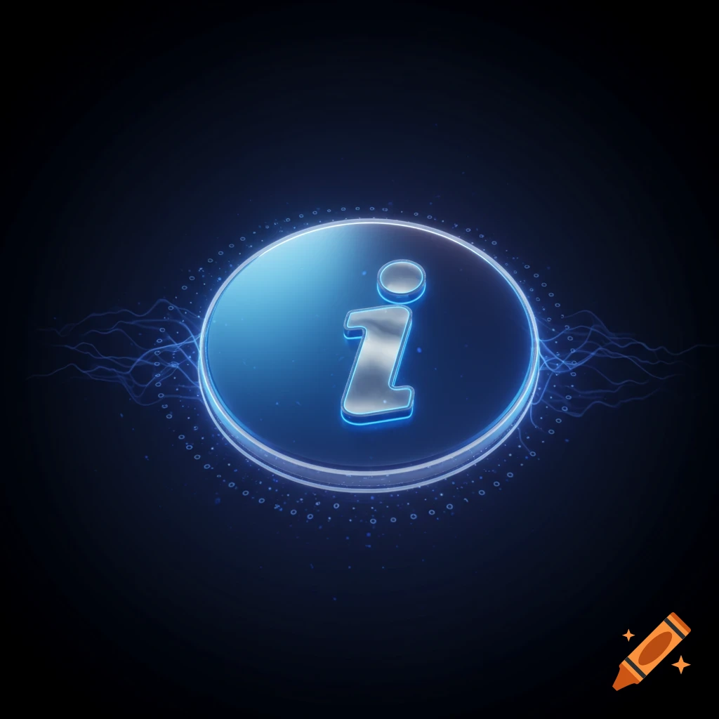 A glowing blue 3D information icon with radiating energetic lines on a dark, abstract background.