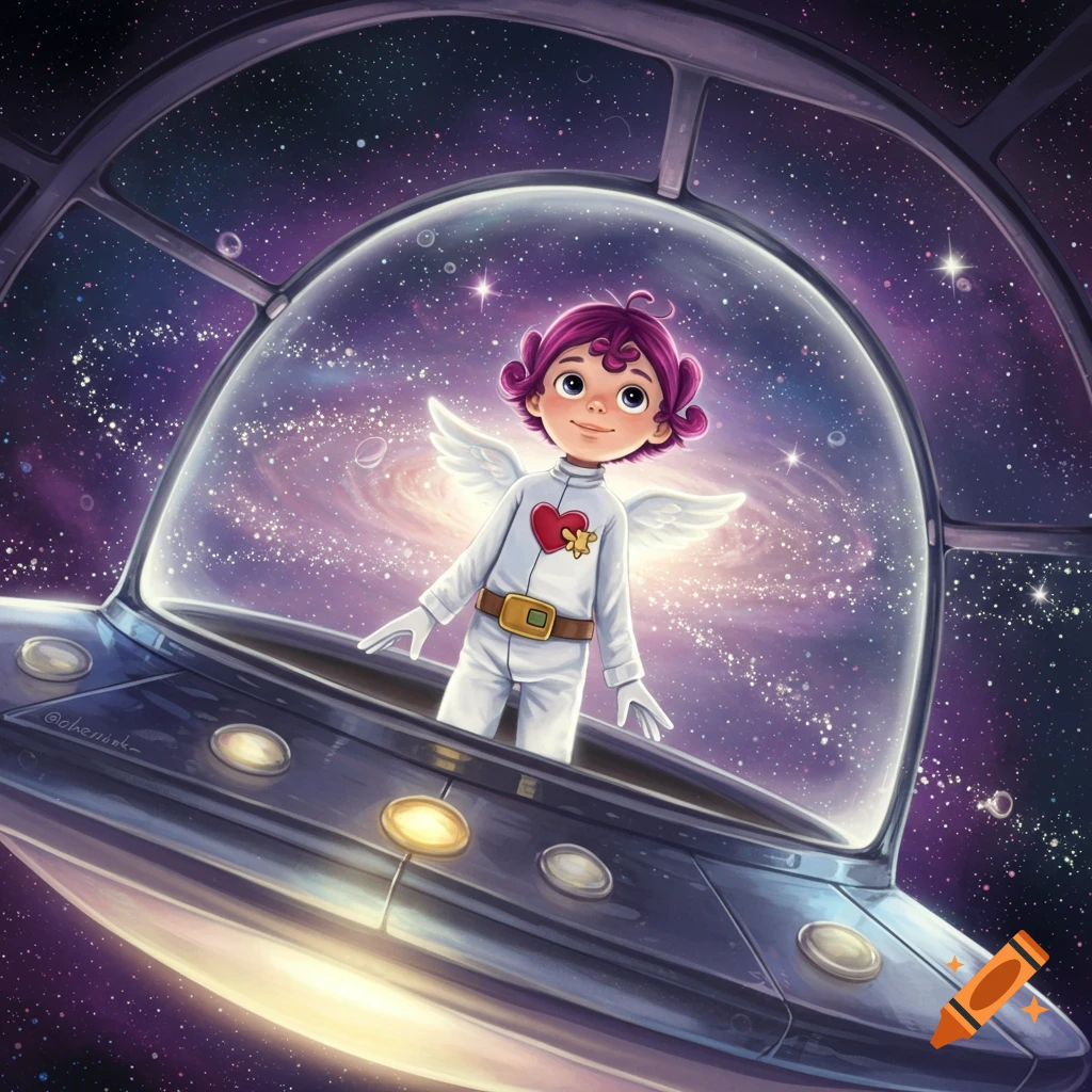 A cute cartoon child with pink hair and white wings in a white space suit stands in a UFO cockpit, looking out at a vibrant galaxy.