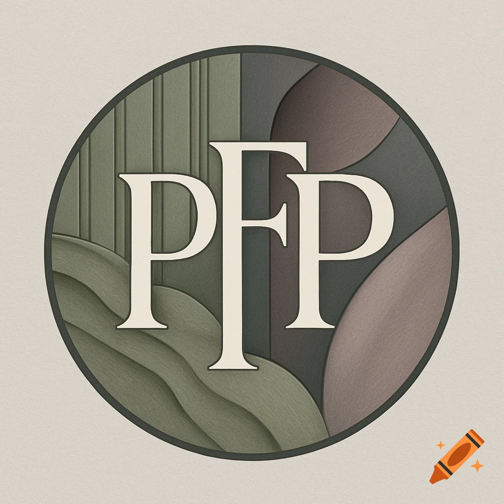 A circular logo with 'PFP' in elegant serif font, on an abstract background of layered sage, olive, gray, and mauve shapes.