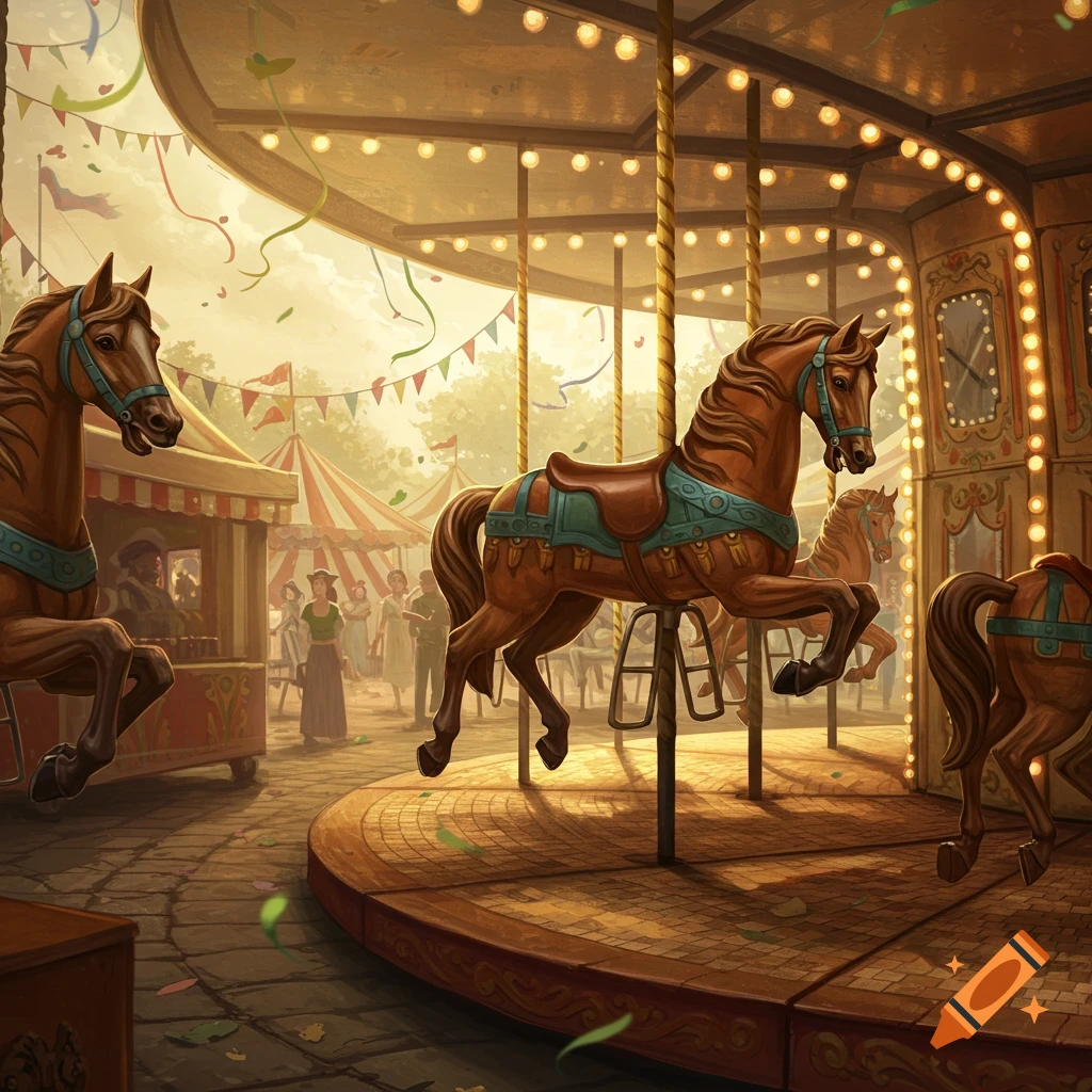 An illustrative depiction of a brightly lit carousel with brown horses at a lively outdoor fair with tents and people in the background.