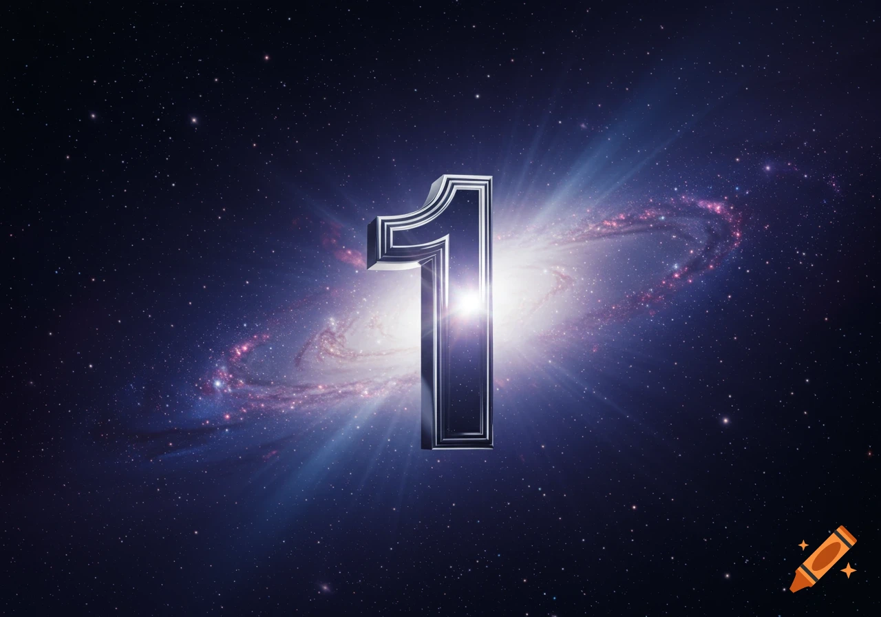 A shiny metallic number 1 floats prominently in a dark, star-filled cosmic background with a bright spiral galaxy behind it.