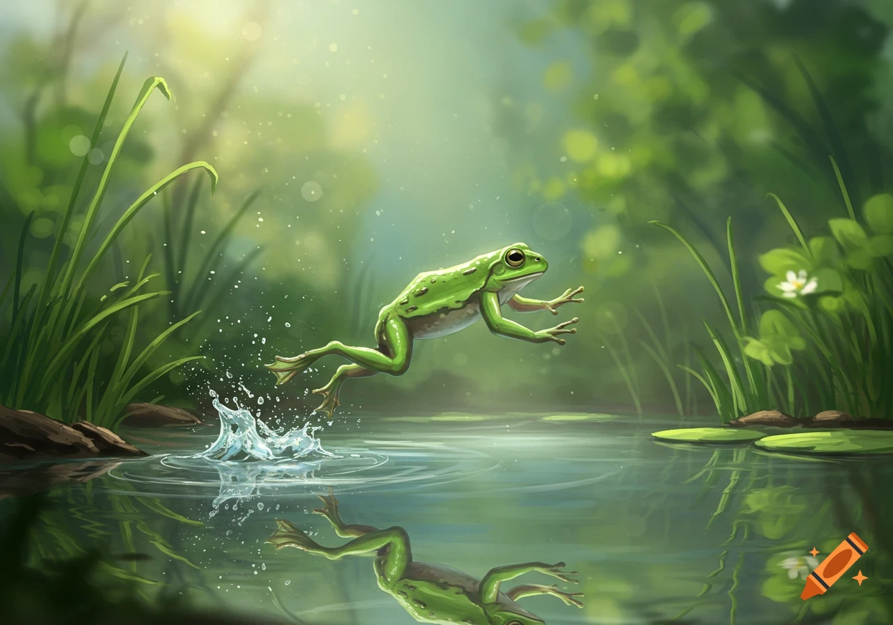 A vibrant green frog leaps from clear water, creating a splash in a sunlit forest pond, surrounded by lush greenery.